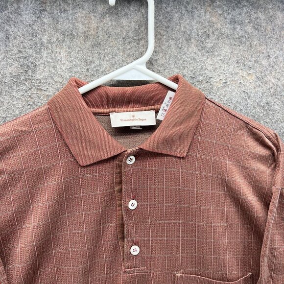 Ermenegildo Zegna Polo Shirt Mens 54 Brown Red Windowpane 100% Cotton Italy - Picture 6 of 11